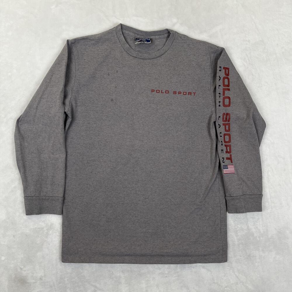 VTG Polo Sport Ralph Lauren Shirt Mens Small Gray Long Sleeve Flag Graphic USA
